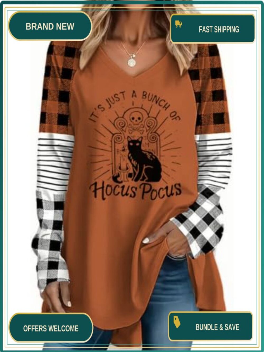 Womens V Neck Raglan Tunic Top Plaid Striped Sleeve Fall Halloween Shirt